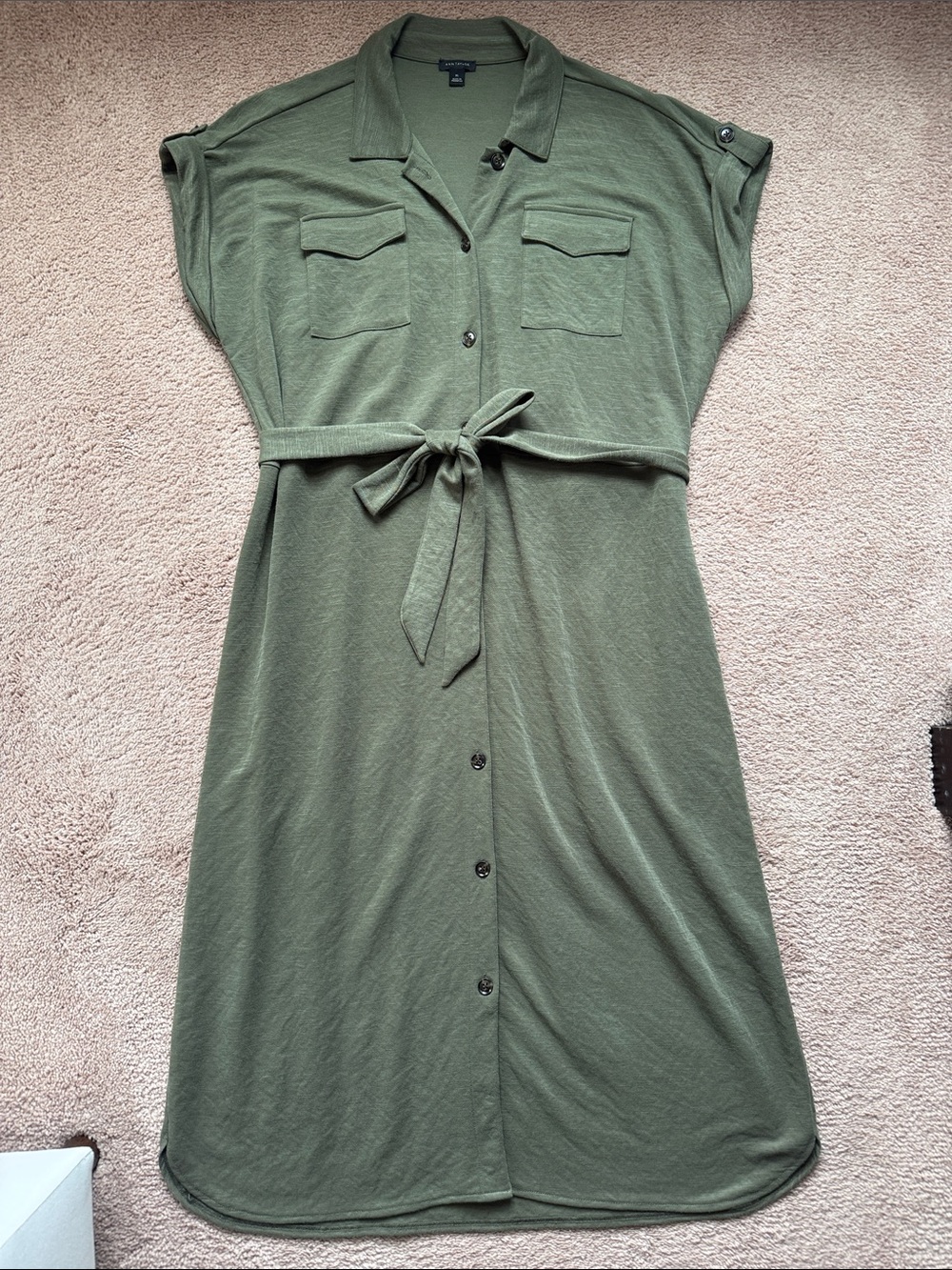 Ann Taylor Olive Button-Front Shirt Dress with Tie Belt